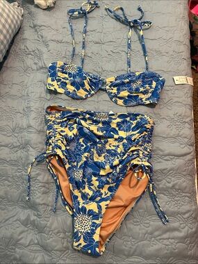 J. Crew Blue and Yellow Floral Two-Piece Swimsuit